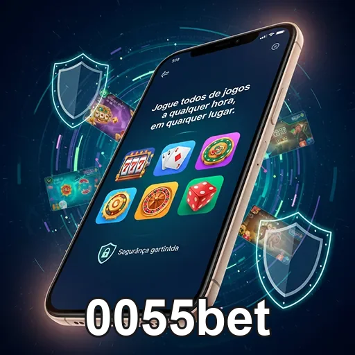 Celular com a tela da 0055bet exibindo slots populares e opções de jogo móvel